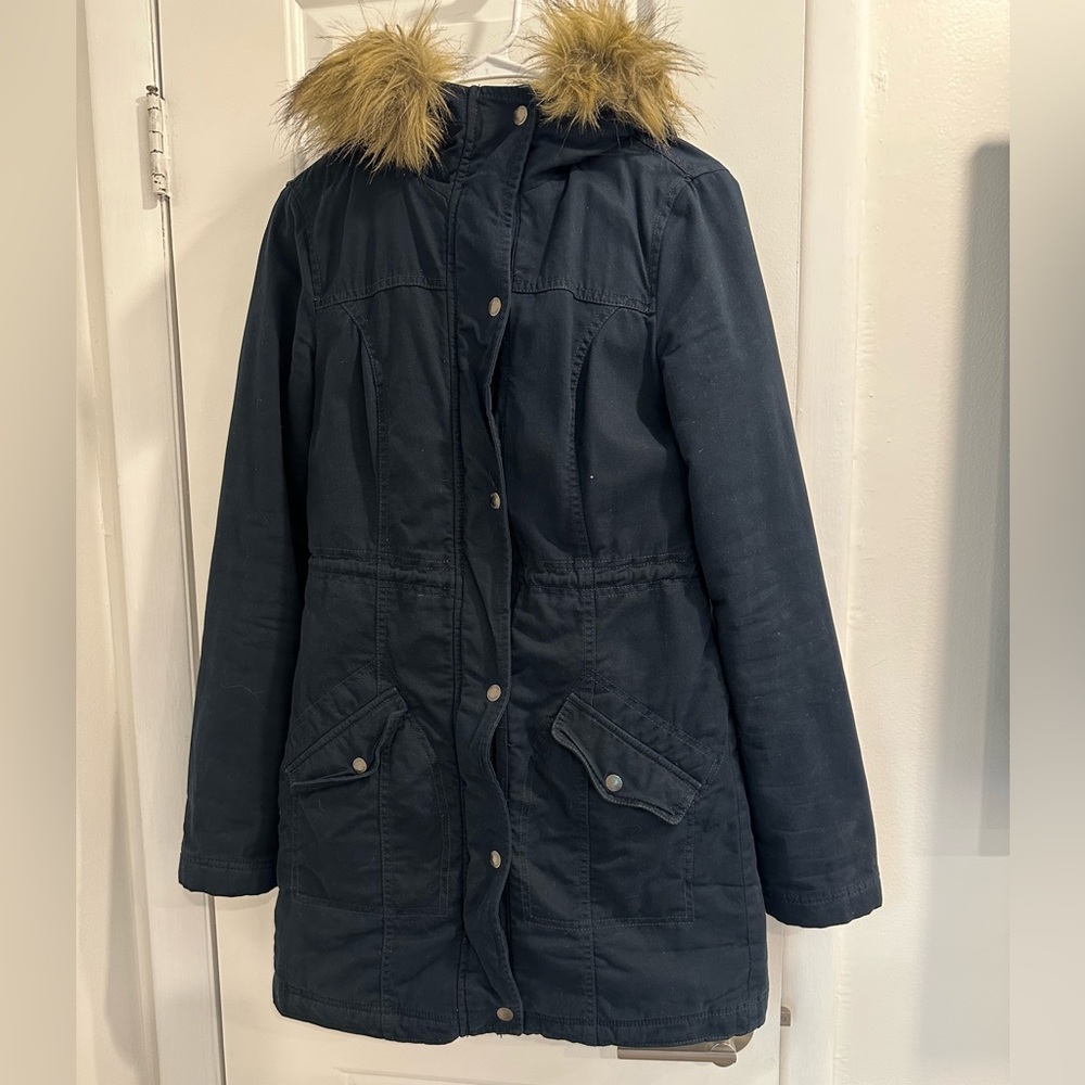 Hollister Navy Blue Parka Winter Jacket Lined with Hood Size S!